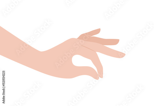 Hand holding something with thumb and index finger, isolated on white background. Flat vector illustration