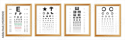 Eyes test charts with latin letters isolated on background. Art design medical poster with sign in golden frame. Concept graphic element for ophthalmic test for visual examination.