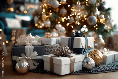Festive christmas scene with presents under a decorated tree in a cozy living room setting indoors