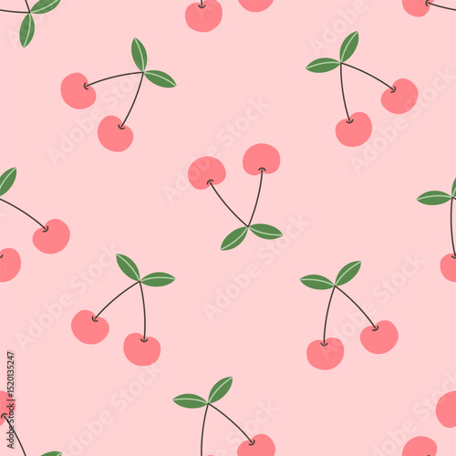 Seamless cherry pattern on pink background. Vector illustration for printing. Background with food and drinks. Cute baby background for girls