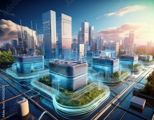 3d illustration of city district with focus energy efficient infrastructure showcasing interconnected heating and cooling