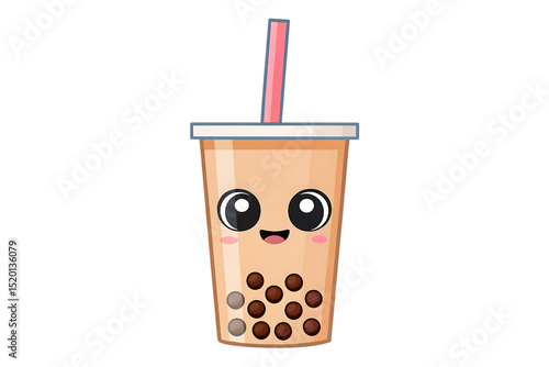 A cartoon boba tea cup with a pink straw and big eyes on a black background is centered in the image