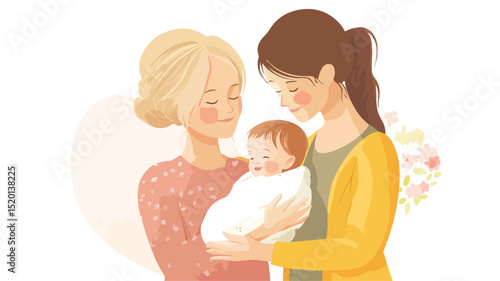 Portrait of a Happy Family with Two Women, Mother or Mom Smiling Together