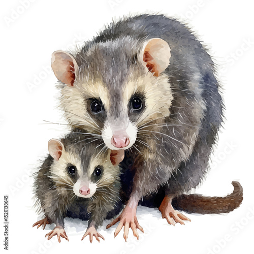 watercolor vector of A Mother Opossum With Her Kid, high quality, isolated on a white background.