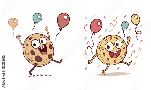 Cute cookies cartoon with  expressions vector illustration. Cartoon mini cookie. Cute celebration jump expression of cookies cartoon character.