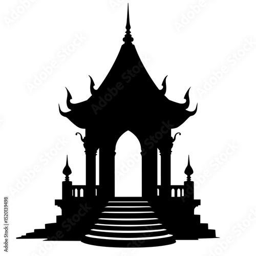 Traditional Thai pavilion silhouette, elegant temple architecture, black and white illustration, ornate details, cultural heritage.