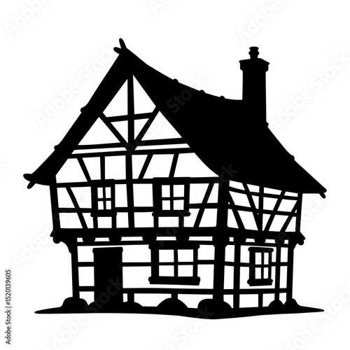 Silhouette of a classic timber-framed house, a symbol of rustic charm and historical architectural design. 