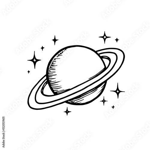 Saturn planet illustration, a minimalist drawing of a celestial body with rings, surrounded by glittering stars on white.