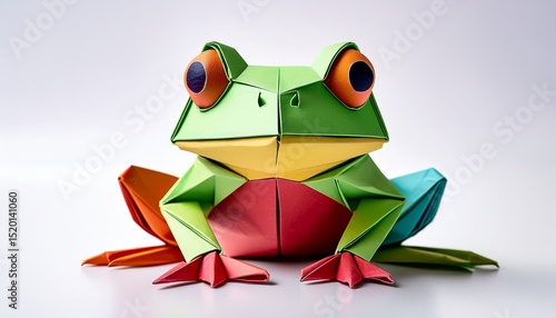 colorful origami frog on clean white background