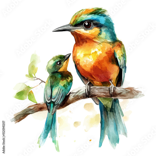 A Mother Motmot With Her Kid, watercolor clipart vector, high quality, isolated on a white background.