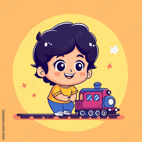 Joyful Child and Train: A delightful illustration of a cheerful child standing next to a charming toy train, evoking a sense of fun and childhood.