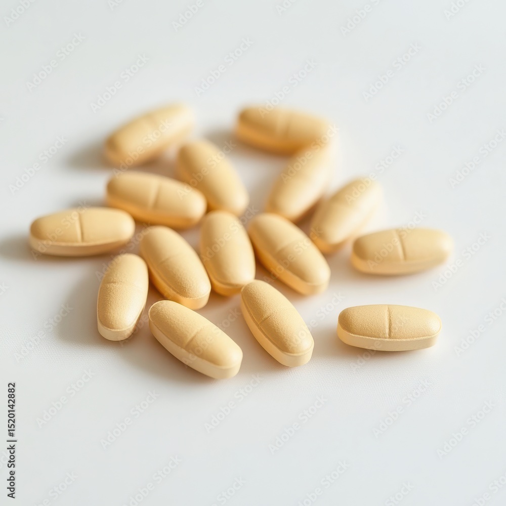 A scattered pile of light yellow oblong pills with score lines on a white surface in soft focus A scattered pile of light yellow oblong pills with score lines on a white surface in soft focus