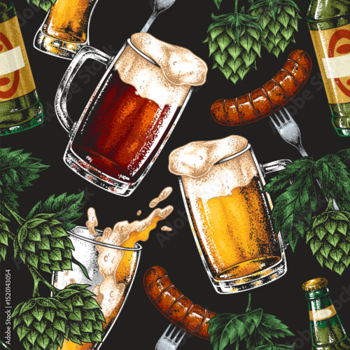 Beer mugs and sausages create a festive mood