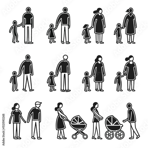 This versatile set of people icons offers diverse silhouettes, perfect for representing individuals, couples, families, and business groups