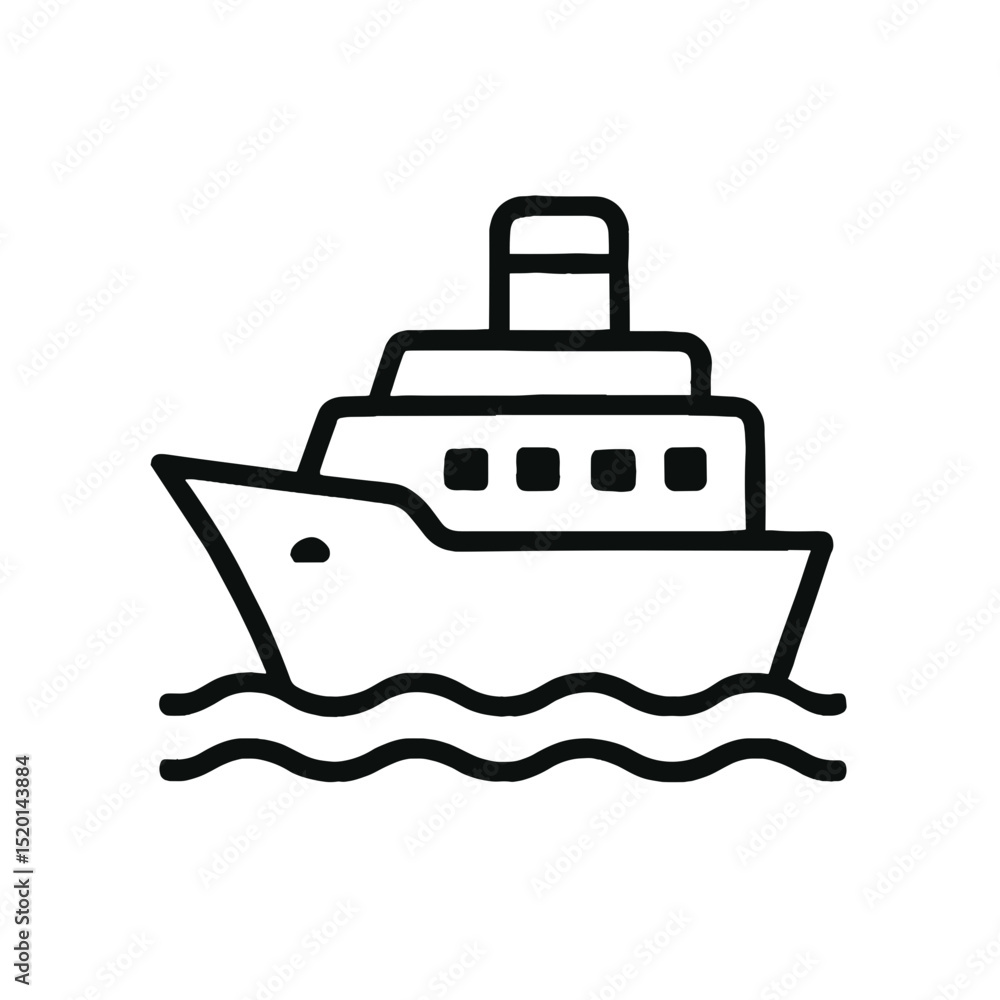 Minimal line art icon of cruise ship sailing on waves symbolizing sea travel, tourism, and marine transportation Minimal line art icon of cruise ship sailing on waves symbolizing sea travel, tourism, and marine transportation