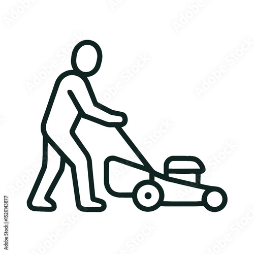 Outline icon of person mowing lawn with push lawnmower – garden maintenance minimal pictogram