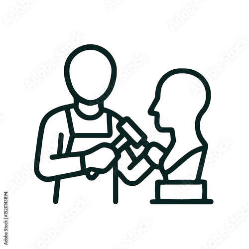 Minimal line art icon of sculptor carving bust statue with hammer and chisel wearing apron