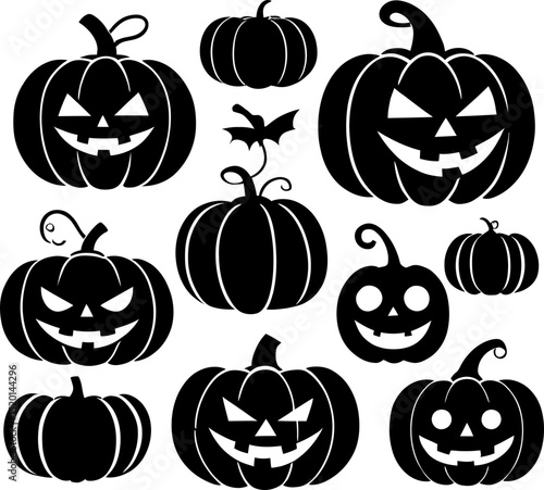 Collection of halloween pumpkins and a little bat halloween, vector, silhouette,  illustration, horizontal, isolated assets, on transparent background