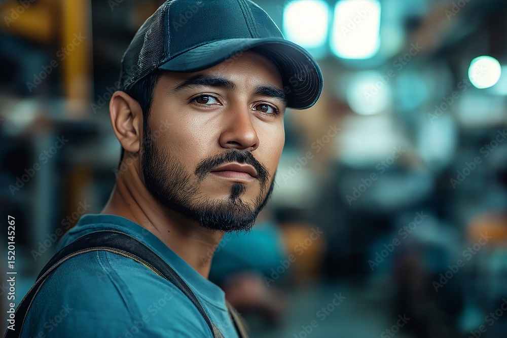 Confident Industrial Worker in Warehouse. Realistic Portrait of Young Adult Male in Hard Hat Confident Industrial Worker in Warehouse. Realistic Portrait of Young Adult Male in Hard Hat