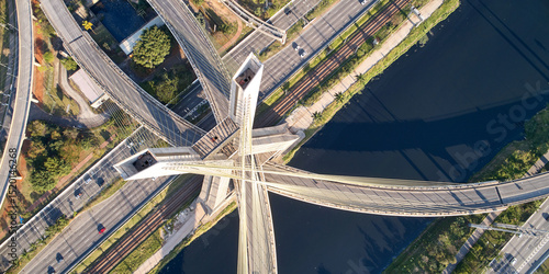 Cable-stayed bridge, Marginal Pinheiros, and Pinheiros river in Sao Paulo city.