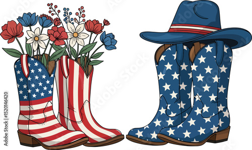 Patriotic cowboy boots with american flag design flowers and a cowboy hat for us independence day