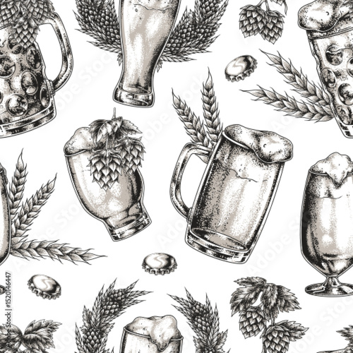 Beer mugs and hops on white background