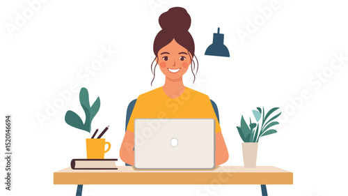 Smiling Caucasian Woman at Desk: Professional Workspace Happiness