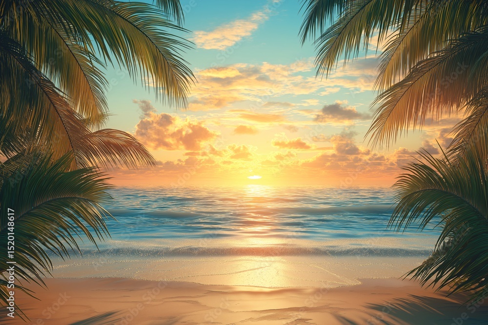 Tropical Sunset Beach. A Serene Paradise with Palm Trees and Vibrant Sky Tropical Sunset Beach. A Serene Paradise with Palm Trees and Vibrant Sky