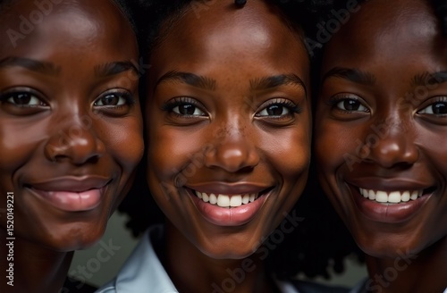 Three black women looking at camera. African American ladies. Different shades of dark skin for advertising foundations. African braids. Close-up of faces. Diversity Models for a cosmetic brand.
