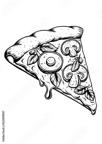 Mushroom pizza slice in sketch style for menus, blogs, and culinary posts with copy space