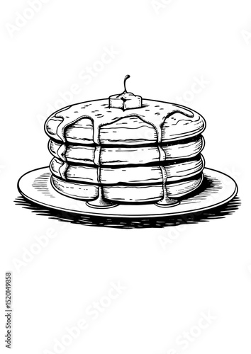 Pancakes with syrup in sketch style on a plate for menus, blogs, and culinary posts with copy space
