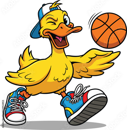 Playful cartoon duck playing basketball in sneakers vector illustration
