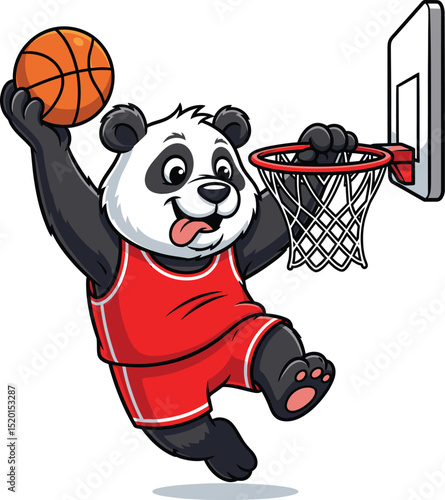 Playful panda basketball dunk cartoon vector illustration