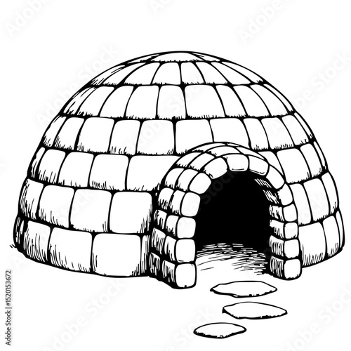 Igloo structure with a stone pathway in a vintage sketch style  