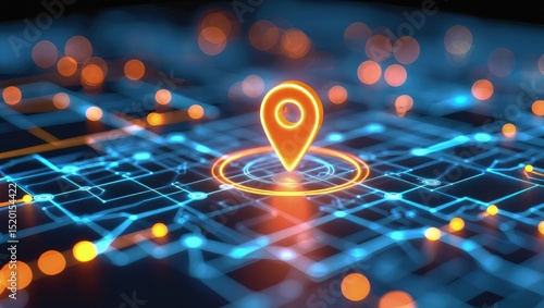Illustration of digital city map with glowing location pin. AI tech in GPS navigation, innovation in delivery, transport logistics. Geolocation illustration concept for future business travel.