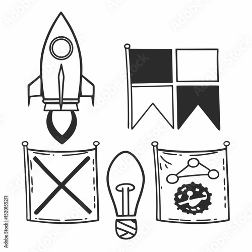Startup incubator branding kit with rocket and innovation illustrations