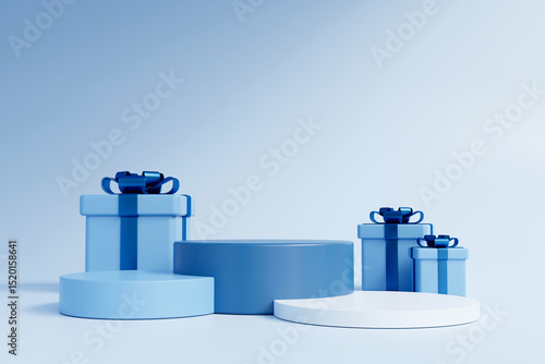 3 step of blue podium with gift box on blue background, Happy Father Day concept, 3d render