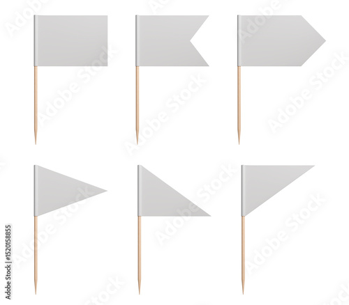 White small flags on toothpicks, blank flags of different shapes on wooden sticks, empty round triangular rectangle mini decorative pennants for food collection. 3d render
