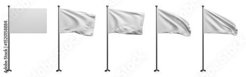 Set of White waving flag on flagpole. flag flies on the wind on isolated white background. 3d render
