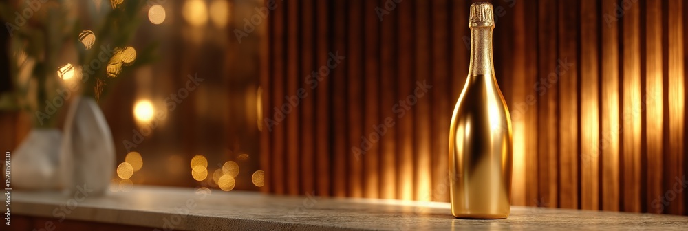 A gold bottle of champagne sits on a counter in front of a wall. The bottle is the focal point of the image, and the surrounding area is dimly lit, creating a cozy and intimate atmosphere A gold bottle of champagne sits on a counter in front of a wall. The bottle is the focal point of the image, and the surrounding area is dimly lit, creating a cozy and intimate atmosphere