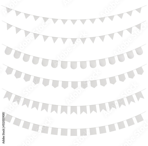 White Bunting flags mockup isolated on white background, carnival party flags, festive pennants hanging on a rope. 3d render
