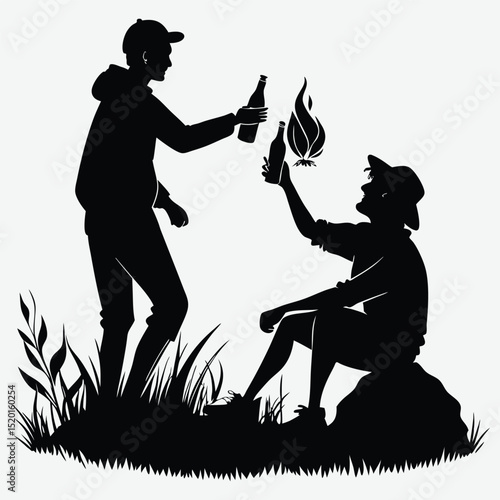 Two friends clinking bottles at a campfire silhouette image vector art and illustration	