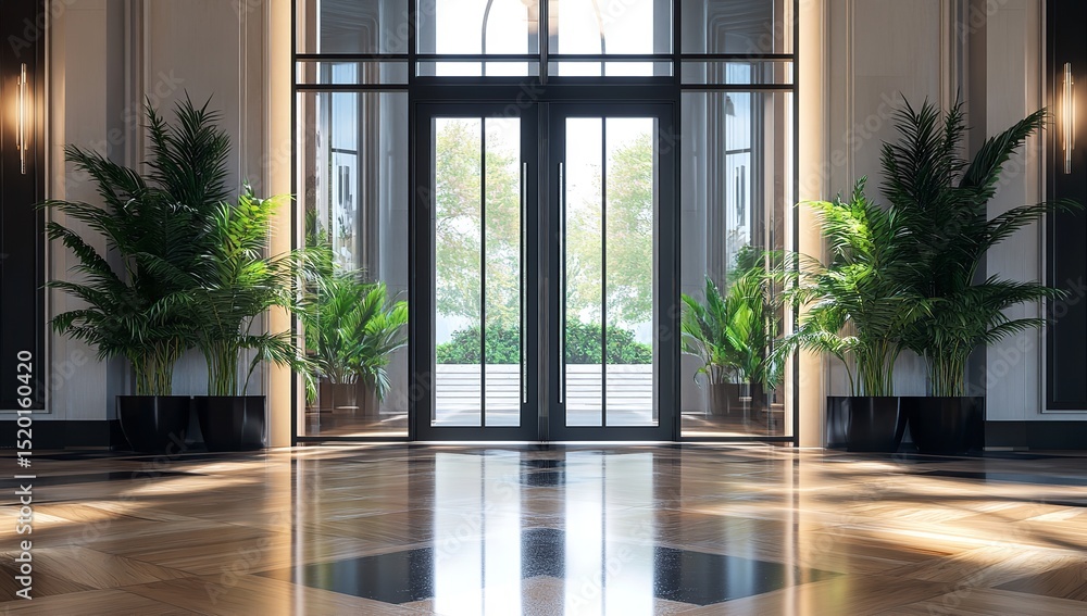 Fototapeta premium Elegant hall with black steel-framed glass double doors and parquet flooring with plants
