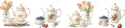 Watercolor Floral Teapot and Tea Set with Tulips and Berries – Vintage Tea Time Still Life & Kitchen Clipart Illustration