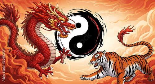 Yin and Yang dragon and tiger in a fiery traditional Asian art style.