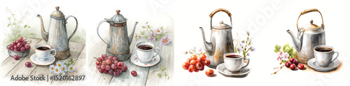 Watercolor Vintage Coffee Pot and Cup with Berries – Rustic Tea Time Still Life & Kitchen Clipart Illustration