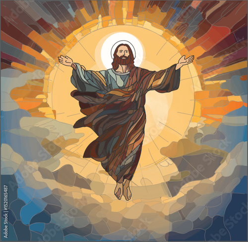 Stained glass illustration of Jesus Christ ascending into heaven with arms held out, sunrise with rays of light and parted clouds