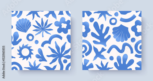 Summer tropical seamless patterns with hand drawn nature organic elements:palm,sun,coral,seashell,bird,wave.Trendy backgrounds for banners,smm,branding,textile,covers,prints.Summer vacation aesthetic