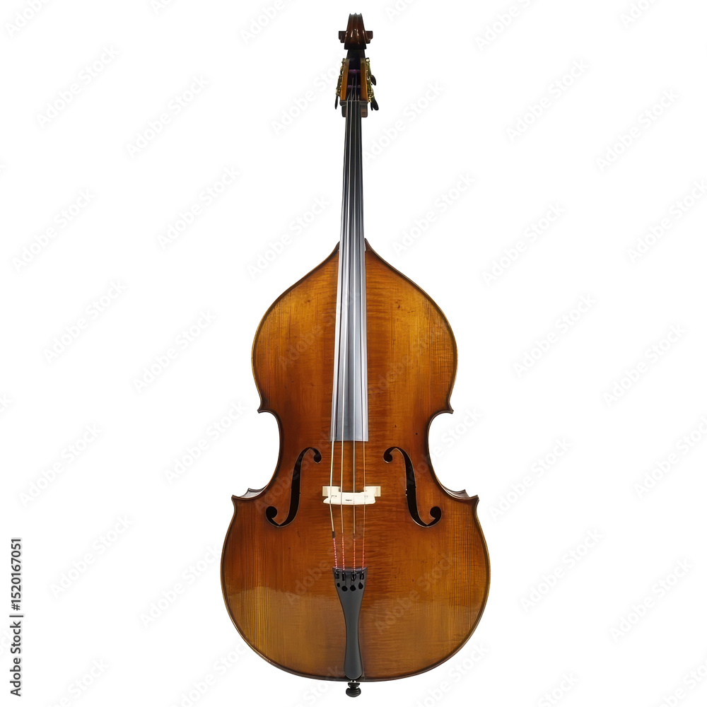 Fototapeta premium Beautifully crafted acoustic bass displayed upright at a music shop with natural wood finish and smooth curves