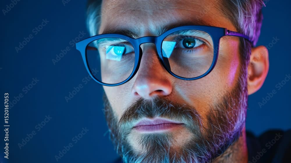 Close-up portrait of a bearded European man in glasses looking at a computer screen. Blue and purple neon lighting. Concept: technology, digital work, cybersecurity, programmer Close-up portrait of a bearded European man in glasses looking at a computer screen. Blue and purple neon lighting. Concept: technology, digital work, cybersecurity, programmer